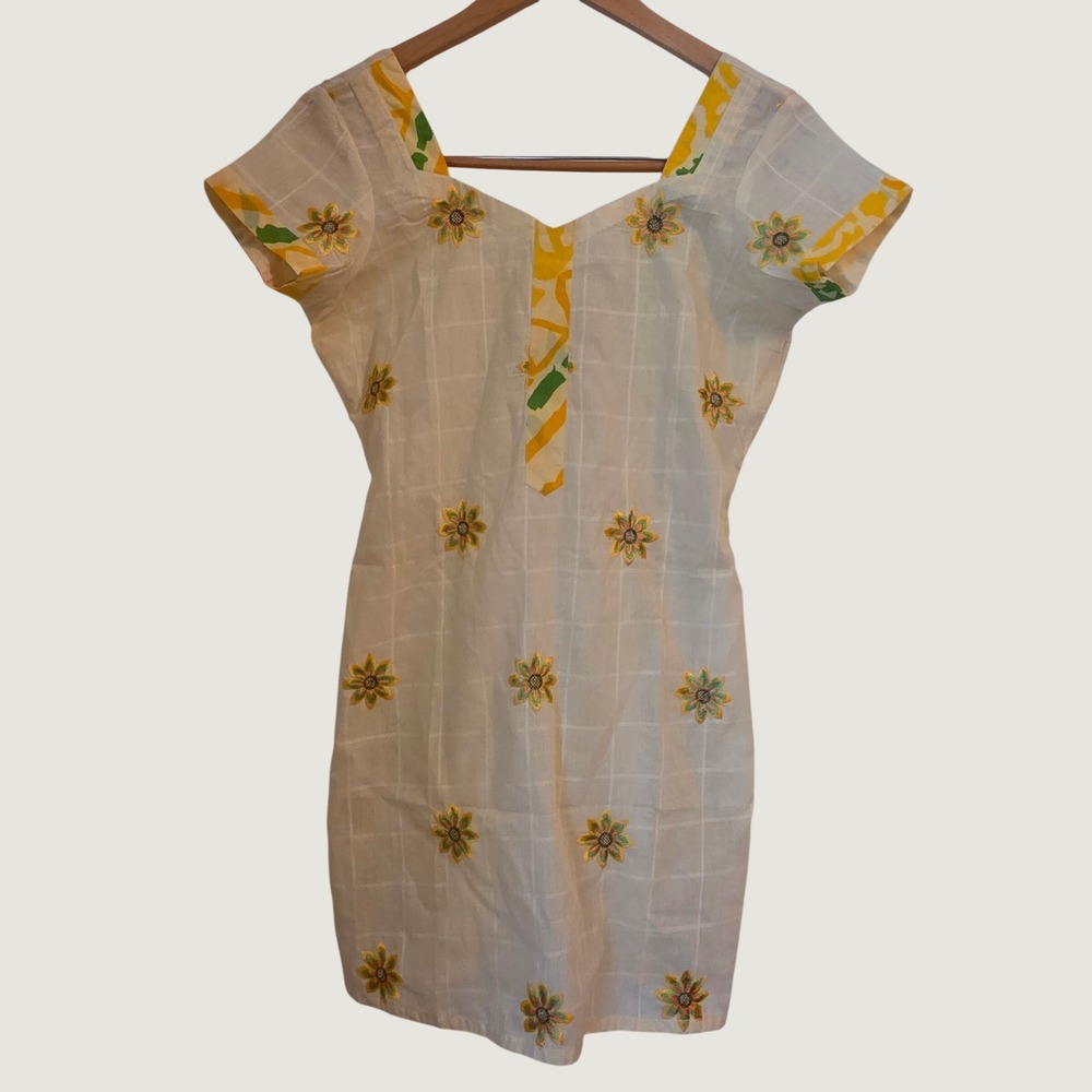 Handmade Vintage Mini Dress White Yellow Floral Embroidery Cottagecore Small